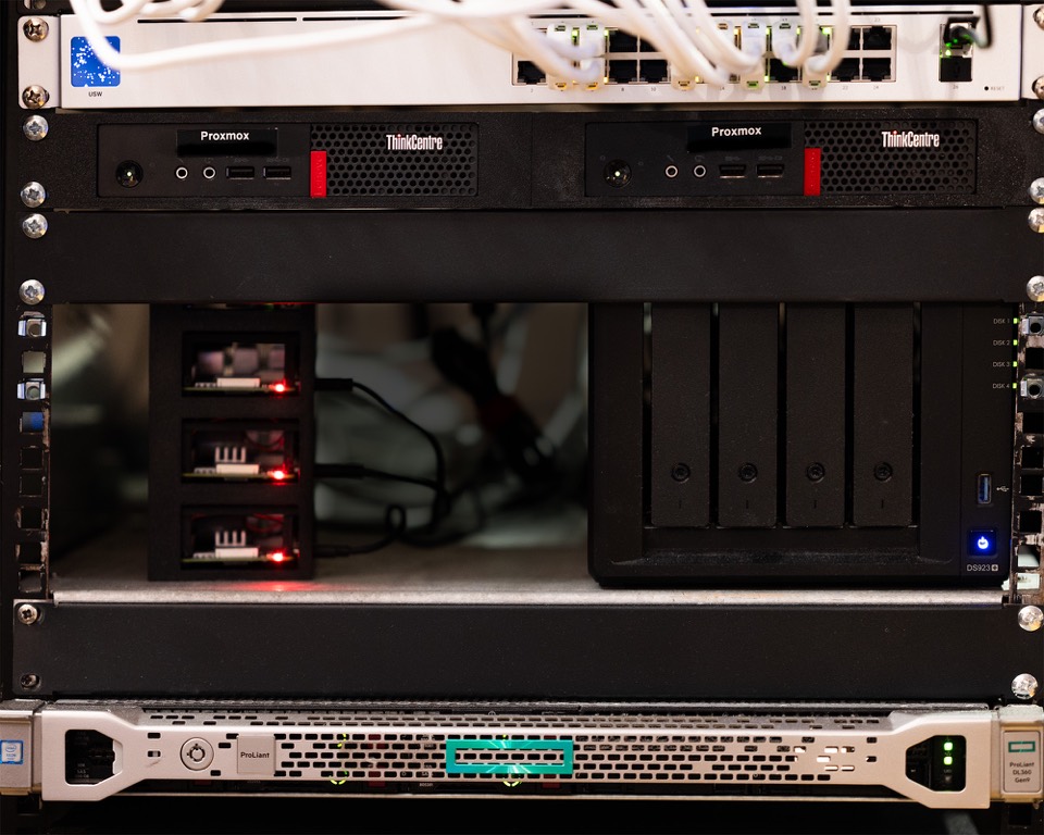 A home server rack with Proxmox nodes, a Synology NAS and a stack of Raspberry Pis