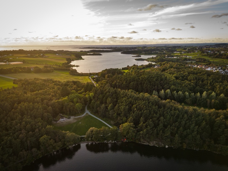Aerial view of the coast of Western Norway, shown in black and white